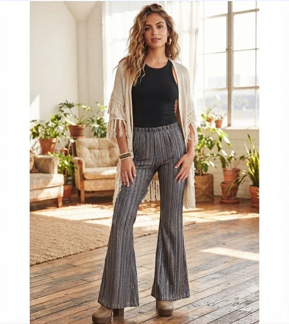 Natural Life Pull-On High-Rise Bell Bottom Flared Striped Trousers 70s Disco M